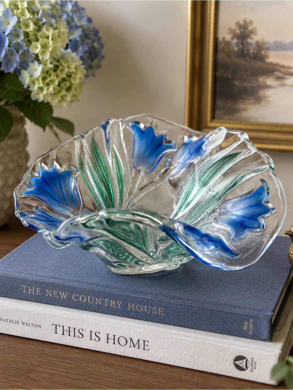 Vintage Art Glass Blue Floral Freeform Bowl Candy Dish